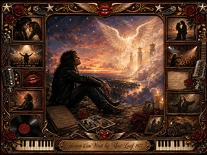 A solitary rocker sits beneath a fiery twilight, gazing toward radiant heavenly gates crowned by luminous angel wings. Vintage rosewood frames surround him with faded romantic memories, concerts, records, roses, motorcycles, microphones, and piano keys. Warm bronze, crimson, gold, and midnight blue tones create a nostalgic, tender, dreamlike oil-painted atmosphere.