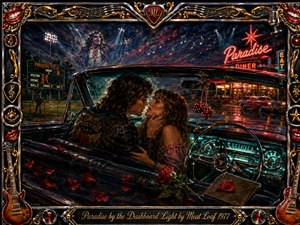 A passionate couple embraces inside a vintage car beneath glowing dashboard lights, framed by a rain-slicked neon diner, baseball field, and dramatic concert imagery. Rich reds, midnight blues, chrome, and gold create a theatrical romantic mood. Detailed painterly textures, roses, guitars, musical motifs, and ornate framing evoke rebellious 1970s rock nostalgia.