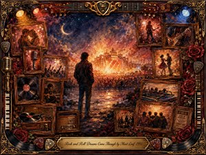 A lone dreamer faces a blazing nighttime rock concert, surrounded by nostalgic framed memories of romance, guitars, dancing, vinyl records, radios, and friendship. Warm amber, crimson, and midnight-blue tones glow beneath theatrical lights. Rich painterly textures, roses, gold ornament, piano keys, records, and an engraved title plate create dramatic vintage grandeur.
