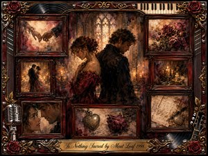 A sorrowful couple stands apart in a candlelit chapel, surrounded by vintage rosewood frames holding fading memories of hands, dances, roses, letters, and keepsakes. Burgundy, sepia, smoky gray, and antique gold create a haunting warmth. Layered oil, acrylic, and watercolor textures blend romance, loss, and theatrical nostalgia.