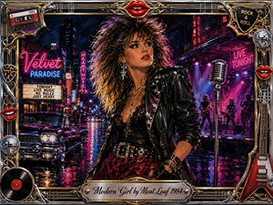 A confident 1980s woman with bright red lips stands amid a neon-soaked nightlife scene, framed by chrome, gold filigree, guitars, vinyl, and music memorabilia. Saturated pink, blue, purple, and crimson reflections glow across wet streets and stage lights, creating a glamorous, rebellious mood in richly textured acrylic-paint style.