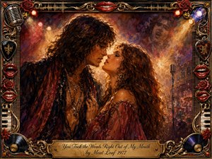 A passionate couple leans toward a kiss amid a smoky, theatrical rock concert, glowing with amber, crimson, and violet light. Rich oil-paint textures heighten the romantic intensity, while microphones, roses, records, piano keys, guitar details, and glossy red lips embellish the ornate gold-and-black frame surrounding the dramatic scene.