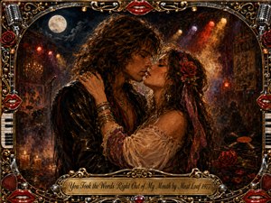 A passionate couple embraces beneath a glowing full moon in a smoky, candlelit rock club, surrounded by roses, records, microphones, and stage lights. Rich reds, amber golds, black, and chrome create a dramatic romantic mood. Painterly textures and an ornate musical frame evoke theatrical 1970s rock-and-roll intensity.