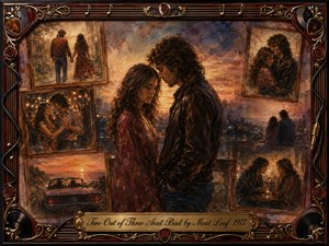 A melancholy couple stands close beneath a glowing sunset, surrounded by framed memories of dancing, driving, embracing, and quiet conversation. Warm amber, burgundy, sepia, and smoky blue tones blend through painterly oil and watercolor textures. An ornate rosewood and gold music-themed frame deepens the nostalgic, bittersweet romantic atmosphere.