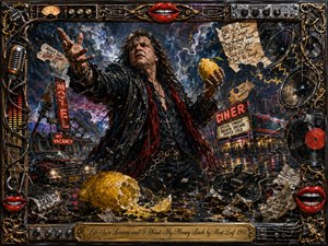 A defiant rock singer stands amid a stormy neon roadside scene, clutching a bright lemon while coins, torn tickets, broken promises, and shattered instruments scatter across rain-soaked pavement. Fiery reds, acidic yellows, deep blues, chrome highlights, lightning, and theatrical shadows create a dramatic oil-painted rock-opera atmosphere within an ornate musical frame.