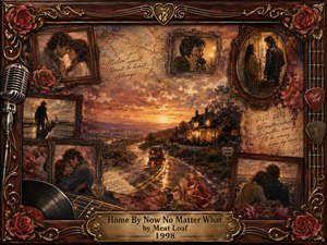 A warmly nostalgic collage surrounds a rain-slicked road leading toward a glowing country home at sunset. Rosewood frames hold tender memories of lovers, travel, and reunion, while roses, vinyl, guitar strings, and a vintage microphone enrich the border. Amber, crimson, and bronze tones create a romantic, yearning oil-painted atmosphere.