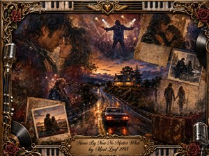 A dramatic rock-ballad collage follows a rain-slick highway toward a warmly lit home at dusk, surrounded by fading romantic memories, concert imagery, and worn photographs. Rich amber, crimson, black, and violet tones glow beneath theatrical lighting, while ornate gold, roses, piano keys, vinyl records, and vintage microphones frame the nostalgic oil-painted scene.