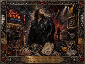 A brooding rock figure stands beneath rain-soaked neon lights outside a midnight diner, surrounded by shattered dreams, whiskey glasses, torn tickets, and a crossed-out set list. Deep blacks, rusty reds, amber golds, and electric blues glow dramatically. The richly textured, cinematic oil-paint style conveys defiance, regret, exhaustion, and bitter humor.