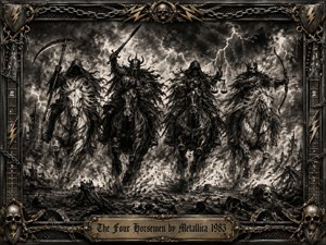 Four ominous horsemen charge through a devastated wasteland beneath a violent, lightning-filled sky, wielding symbolic weapons of destruction and judgment. Deep charcoal blacks, smoky grays, and muted metallic gold create an apocalyptic mood. Intricate gothic linework, dramatic contrast, skulls, chains, and a heavy ornamental frame intensify the dark, relentless composition.