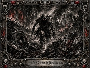 A shadowy, red-eyed hunter advances through a shattered industrial wasteland of smoke, fire, rubble, broken speakers, and twisted guitars. Deep charcoal textures, stark black-and-white contrast, metallic highlights, and blood-red accents create a violent, apocalyptic mood. An ornate skull-and-chain frame surrounds the scene, reinforcing its relentless heavy-metal intensity.