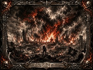 A lone figure stands amid a ruined city consumed by firestorms, lightning, smoke, and collapsing towers. Deep charcoal textures, blackened grays, and vivid red-orange flames create an apocalyptic, aggressive mood. An ornate metal frame of skulls, barbed wire, guitar strings, and rivets surrounds the dramatic, high-contrast composition.