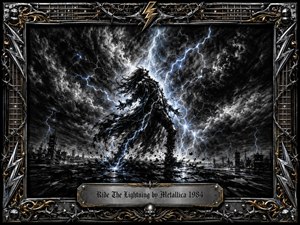 A lone dark figure stands amid a storm-lashed industrial wasteland as violent blue-white lightning tears through swirling charcoal-black clouds. Deep textured charcoal contrasts with electric highlights, creating a tense, explosive mood. An elaborate chrome, gold, barbed-wire, and musical-hardware frame surrounds the scene, finished with an engraved title plate.