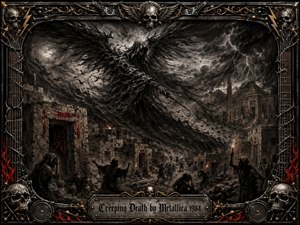 A towering charcoal angel of death sweeps across ancient Egypt beneath a storm-filled sky, dwarfing frightened figures among stone streets and pyramids. Deep blacks, smoky grays, crimson doorway marks, torchlight, and lightning create an apocalyptic mood. An ornate metal frame of skulls, strings, flames, and gold accents completes the dramatic heavy-metal composition.