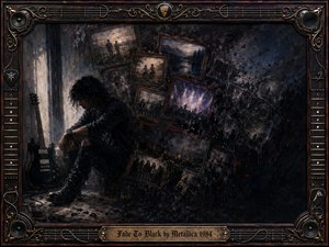 A solitary musician sits beside a black electric guitar as fractured memories drift into darkness behind him. Vintage framed scenes dissolve into smoky charcoal textures, ember-red flecks, and deep blue-black shadows. Ornate guitar-string borders, speakers, and gold inlay frame the melancholic composition, illuminated by cold, fading light.