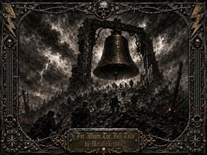 A massive bronze bell hangs above a shattered battlefield as shadowed soldiers climb a rocky slope beneath violent storm clouds and lightning. Deep charcoal blacks, smoky grays, tarnished bronze, and ember-red accents create a grim, fatalistic mood. An ornate metal frame of skulls, barbed wire, rivets, and gold inlay completes the dramatic composition.