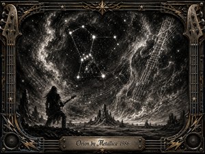 A lone bassist stands beneath the glowing Orion constellation, surrounded by swirling nebulae, spectral guitar strings, and jagged alien rock formations. Deep charcoal textures create a brooding, majestic atmosphere, illuminated by brilliant white stars. An ornate black-and-gold metallic frame incorporates strings, tuning pegs, speakers, lightning motifs, and an engraved title plate.