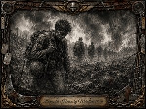 A battle-weary soldier stands amid a devastated battlefield as distant troops vanish into smoke and ruin. Deep charcoal textures, blackened earth, gray skies, and muted metallic tones create a grim, mournful atmosphere. Harsh diffused light reveals helmets, debris, and barbed wire, while an ornate rusted metal frame reinforces the songs brutal wartime imagery.