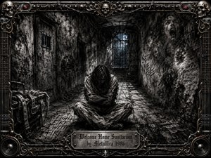 A solitary bound figure sits hunched in a decaying sanitarium corridor, surrounded by cracked walls, barred windows, ghostly faces, and desperate scratched messages. Deep charcoal textures, cold gray tones, faint blue moonlight, and harsh shadows create a claustrophobic, haunted mood. An ornate metal frame of skulls, barbed wire, strings, and rivets completes the scene.