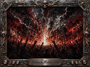 A violent metal concert erupts beneath towering speaker stacks as a dense crowd raises fists and horn gestures toward an explosive white-hot stage. Deep blacks, fiery reds, orange sparks, and jagged lightning create relentless energy. Thick expressionistic paint textures amplify the chaos, framed by distressed steel, barbed wire, skulls, knobs, and gold accents.