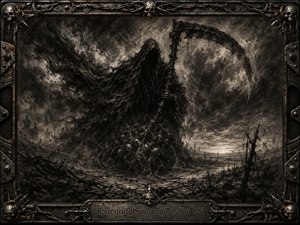 A towering hooded reaper dominates a devastated wasteland, gripping a massive scythe above a mound of skulls and twisted remains. Deep charcoal textures, smoky grays, muted browns, and harsh shadow create a bleak, oppressive mood. A riveted metal frame with barbed wire, skulls, and engraved title plate intensifies the ominous gothic atmosphere.