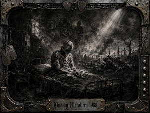 A bandaged survivor sits on a battered hospital bed amid a devastated battlefield dreamscape, surrounded by smoky ruins, crosses, ghostly memories, and twisted machinery. Deep charcoal textures, blackened steel, muted gray-brown tones, and a stark shaft of light create a haunting, claustrophobic mood, enclosed by an ornate industrial frame and engraved title plate.