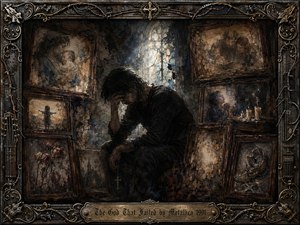 A solitary figure sits bowed in a decaying shrine of faded family portraits, cracked glass, wilted roses, candles, and religious relics. Dark charcoal, sepia, bronze, and muted blue tones deepen the grief-stricken mood. Pale window light cuts through shadow, while ornate metalwork and distressed painterly textures frame memories of faith, loss, and disillusionment.
