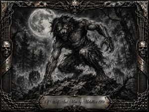 A ferocious wolf-man crouches on jagged rocks beneath a glowing full moon, surrounded by shadowy wolves, twisted trees, and drifting fog. Deep charcoal blacks, smoky grays, and silver highlights create a primal, menacing atmosphere. An ornate steel frame of skulls, chains, rivets, and barbed wire completes the heavy-metal composition.
