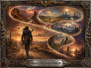 A lone guitarist walks a winding desert road beneath a fiery sunset, surrounded by dreamlike visions of mesas, distant cities, mountains, and ancient ruins. Warm amber, copper, and smoky blue tones create a restless, adventurous mood. An ornate black-and-gold guitar-inspired frame and engraved title plate complete the dramatic painterly composition.