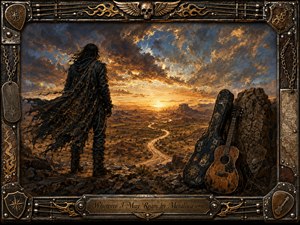 A solitary wanderer overlooks a vast desert road winding toward a fiery sunset beneath turbulent blue and amber skies. An acoustic guitar and battered case rest against rugged rocks nearby. Rich oil-painted textures, dramatic golden light, and earthy browns create a restless, adventurous mood, framed by ornate metal, chains, skulls, wings, and guitar details.