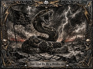 A massive coiled rattlesnake rises defiantly from cracked wasteland beneath a violent lightning-filled sky. Deep charcoal textures, metallic grays, black shadows, muted red horizons, and gold accents create a fierce, ominous mood. An ornate skull, barbed-wire, and guitar-themed metal frame surrounds the scene, with an engraved title plate below.