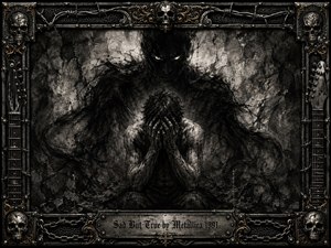 A tormented figure crouches beneath a towering shadowy presence in a bleak charcoal wasteland, evoking fear, guilt, and inner conflict. Deep blacks, smoky grays, and muted metallic gold dominate the dramatic composition. A gothic steel frame of skulls, chains, barbed wire, guitar necks, and ornate inlay surrounds the haunting scene.