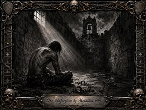A solitary chained man sits beneath a stark beam of light in a crumbling stone courtyard, surrounded by broken shackles and towering walls. Deep charcoal textures, smoky blacks, muted bronze accents, and dramatic shadows create a bleak, mournful atmosphere. An ornate metal frame, skulls, barbed wire, and a distant bell tower intensify the haunting composition.