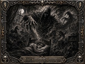 A sleeping child lies beneath a looming Sandman figure in a moonlit bedroom transformed by nightmares. Deep charcoal blacks, smoky grays, and metallic highlights create a menacing atmosphere. Swirling sand, distorted toys, skulls, chains, and gothic rock details surround the scene, framed by ornate chrome and gold metalwork.