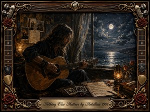 A solitary guitarist sits beside a moonlit sea, surrounded by faded photographs, handwritten pages, roses, and warm lantern light. Deep browns, midnight blues, and antique gold create a reflective, intimate mood. Rich oil-paint textures and dramatic shadows blend memory with solitude, framed by ornate guitar strings, fretboards, and metallic ornament.