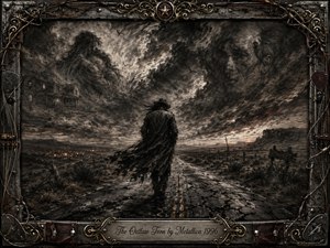 A solitary outlaw walks a cracked highway beneath violent storm clouds, his tattered coat whipping in the wind as ghostly memories of love and home dissolve behind him. Charcoal blacks, smoky grays, and faint ember tones create a mournful atmosphere, framed by weathered metal, barbed wire, guitar strings, and ornate gold details.