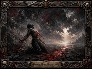 A tormented figure kneels on a shattered wasteland, bleeding into a crimson river that winds toward a distant burst of pale light. Shadowy faces haunt the smoky background, suggesting memory and inner struggle. Dark charcoal blacks, rusted reds, and muted golds create a brooding, painterly atmosphere within an ornate metal frame.