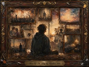 A solitary figure sits amid fading framed memories of concerts, quiet rooms, distant roads, and intimate moments, illuminated by warm amber light. Muted sepia, dusty blue, gray, and rose tones deepen the reflective mood. Painterly textures blend oil, acrylic, and watercolor, while ornate musical details enrich the vintage frame.