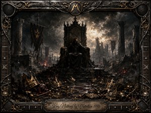 A shadowed king sits upon a towering ruined throne beneath a turbulent, ash-filled sky, surrounded by shattered crowns, skulls, fallen regalia, and smoldering ruins. Deep charcoal, black, bronze, and muted gold dominate the dramatic painterly scene, while ornate metallic guitar-inspired framing reinforces themes of ambition, emptiness, decay, and hollow power.