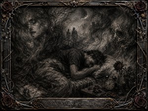 A weary man sleeps beneath tangled blankets as ghostly faces, distant figures, and smoky shadows emerge around him. Deep charcoal blacks and dusty grays create a mournful, dreamlike mood beneath a faint crescent moon. Wilted roses, an antique clock, and scattered memories deepen the sorrow, framed by ornate gothic metalwork.