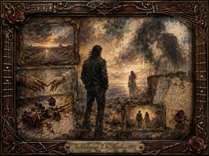 A solitary man faces a distant woman beneath a stormy sunset, surrounded by fading memories of lovers, clasping hands, roses, letters, and an empty highway. Sepia browns, smoky grays, muted reds, and golden light create a mournful atmosphere. Painterly collage textures blend with ornate rosewood, guitar-string, and metal framing.