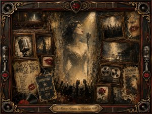 A faded cabaret singer stands beneath a warm spotlight, surrounded by distressed rosewood frames holding ghostly concert scenes, microphones, crowds, piano, reel-to-reel tape, roses, and red lips. Sepia, black, gold, and crimson tones create a haunting nostalgic mood, while ornate musical hardware frames the weathered mixed-media collage.