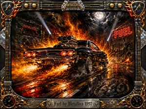 A black supercharged muscle car tears through a fiery night highway, trailing flames, sparks, smoke, and glowing reflections. Explosive orange, red, gold, and black tones create a fierce, adrenaline-charged mood beneath a stormy moon. Detailed oil-and-acrylic styling, neon signs, amplifier imagery, chrome ornament, and the engraved frame complete the dramatic composition.