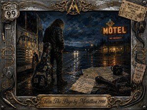 A solitary traveler stands beside a weathered tour bus on a rain-soaked highway outside a glowing roadside motel. Deep blues, black leather, amber neon, and reflective pavement create a weary nocturnal mood. Textured oil-paint styling, scattered maps, microphone, guitar case, tickets, and an ornate metallic frame evoke endless touring and isolation.