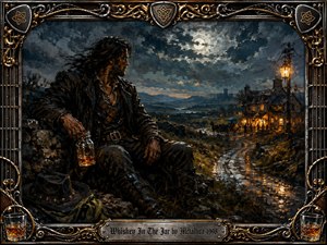 A rugged outlaw rests beside a moonlit country road, clutching a glowing whiskey jar while a lively tavern burns warmly in the distance. Deep blues, charcoal blacks, amber golds, and silver highlights create a brooding atmosphere. Textured oil-paint styling, wet reflections, ornate metalwork, guitar motifs, and engraved framing intensify the rebellious mood.