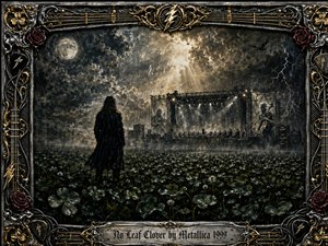 A lone dark-coated figure stands in a moonlit clover field, facing a distant symphonic concert stage beneath turbulent storm clouds. Silver, black, deep green, and muted gold tones create a solemn, foreboding mood. Lightning, mist, orchestral silhouettes, glowing stage lights, and an ornate metallic music-themed frame heighten the dramatic painterly atmosphere.