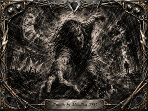 A tormented figure lunges through a shattered industrial vortex, surrounded by fractured clocks, stage lights, and chaotic shadows. Deep charcoal textures, smoky blacks, muted grays, and metallic gold accents create a frantic, claustrophobic mood. Harsh directional lighting emphasizes violent motion, while the ornate steel frame incorporates barbed wire, guitar hardware, lightning motifs, and an engraved title plate.