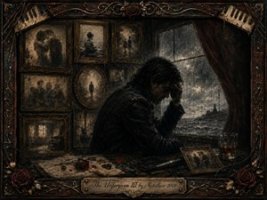 A solitary man sits hunched beside a rain-streaked window, surrounded by faded framed memories, scattered letters, roses, guitar picks, and a whiskey glass. Stormy gray seas deepen the mood of regret and isolation. Rich sepia browns, muted gold, charcoal shadows, and dark crimson accents create a haunting, painterly atmosphere within an ornate musical frame.