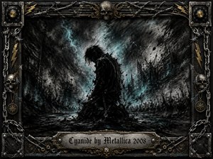 A solitary shadowed figure kneels amid a shattered industrial wasteland beneath turbulent charcoal clouds streaked with icy blue light. Deep textured charcoal and ink-like strokes create a bleak, corrosive mood. An ornate steel frame of chains, skulls, barbed wire, guitar strings, and gold accents surrounds the scene, finished with an engraved title plate.