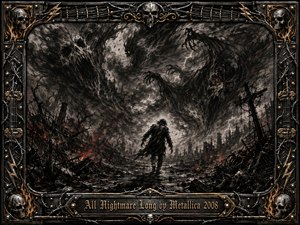 A lone figure crosses a devastated nightmare wasteland beneath swirling skull-like apparitions and clawing shadows. Deep charcoal textures, smoky grays, blackened ruins, lightning, and ember-red fires create a relentless, haunted mood. An ornate chrome-and-gold frame of skulls, barbed wire, guitar strings, rivets, and flames intensifies the heavy-metal atmosphere.