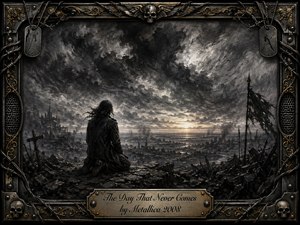 A lone figure kneels amid a devastated, war-scarred landscape beneath turbulent charcoal-gray clouds, facing a fragile golden horizon. Deep blacks, smoky grays, and muted bronze create a mournful, defiant mood. Heavy painterly textures emphasize ruin and isolation, while an ornate metal frame with skulls, wires, and engraved title plate intensifies the dark atmosphere.